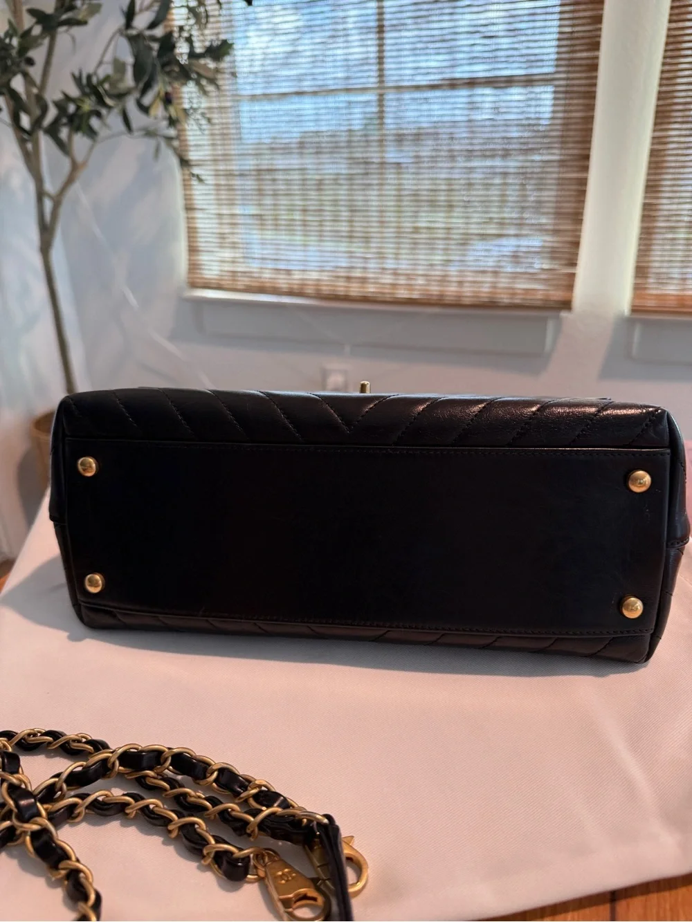 CHANEL Coco Handle Black Chevron Quilted Top-Handle Satchel with Gold Hardware